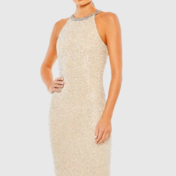 MAC DUGGAL 93742 BEADED HIGH NECK COLUMN NUDE SILVER GOWN sz 12 - Picture 4 of 6